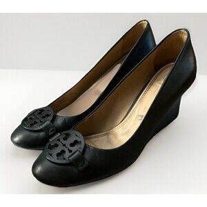 Tory Burch Miller Wedge Black Leather Logo Pumps Size 10 M